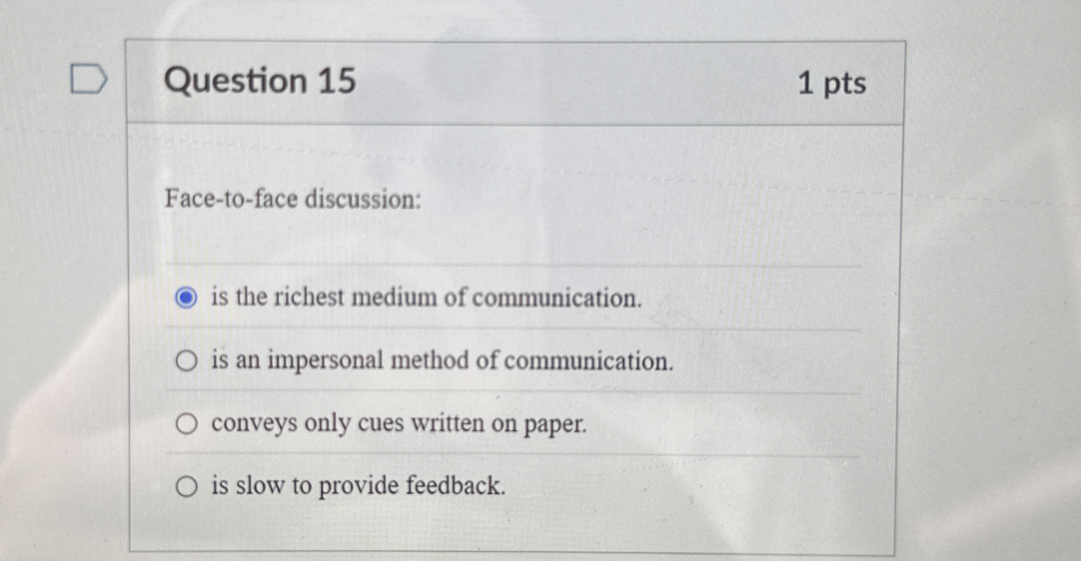  Question 15 Face-to-face discussion: is the richest medium of communication. is