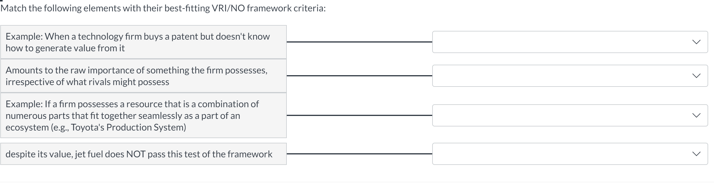  Match the following elements with their best-fitting VRI/NO framework criteria: Example: