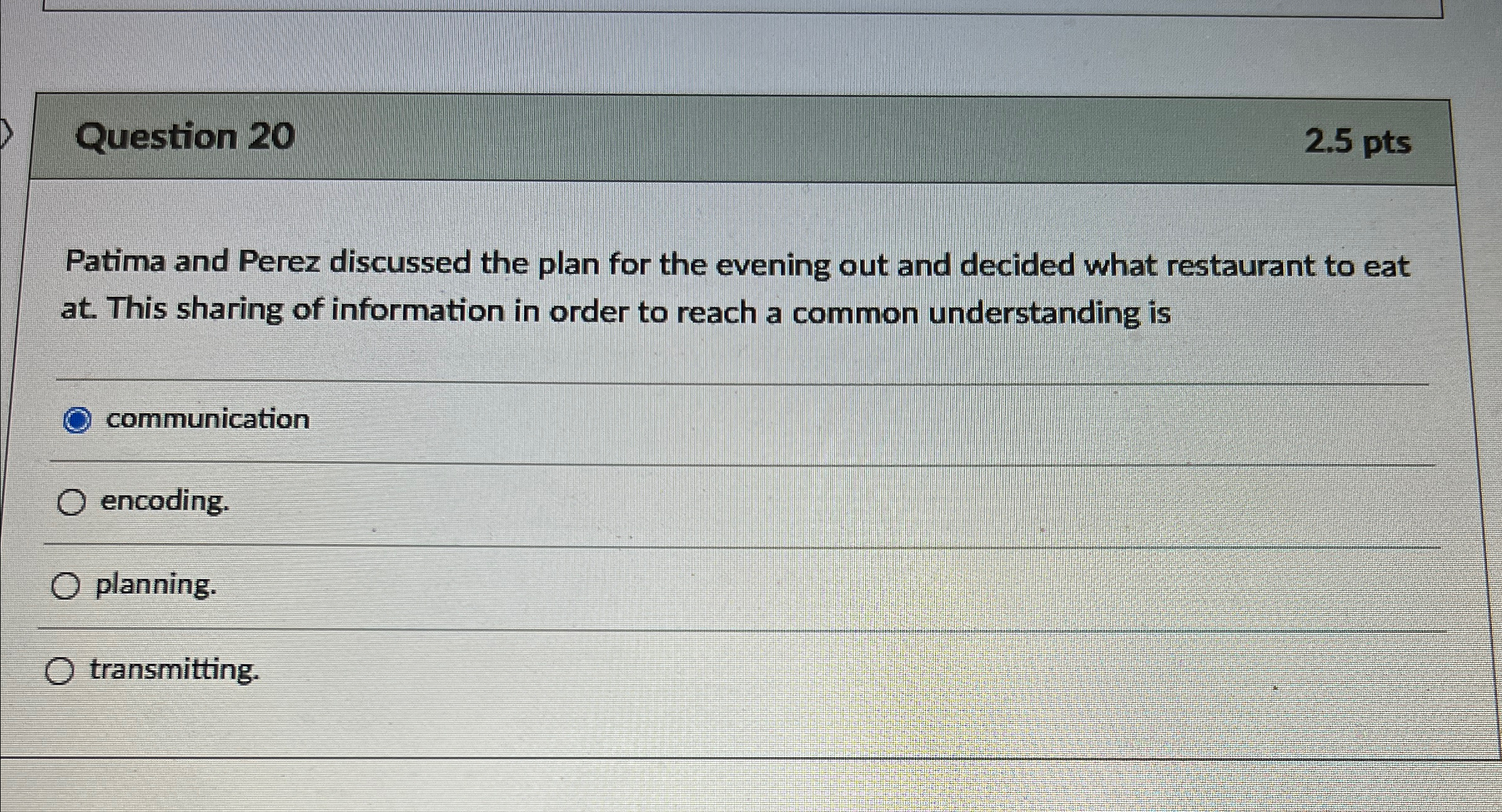  Question 20 2.5pts Patima and Perez discussed the plan for the