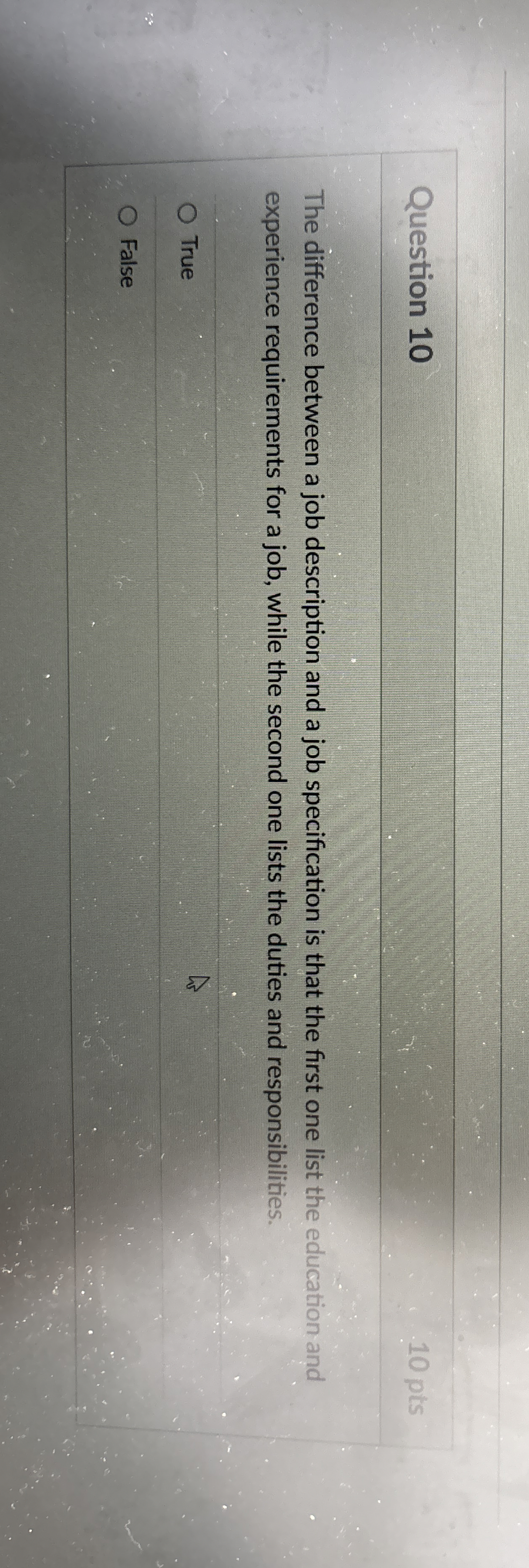  Question 10 10 pts The difference between a job description and
