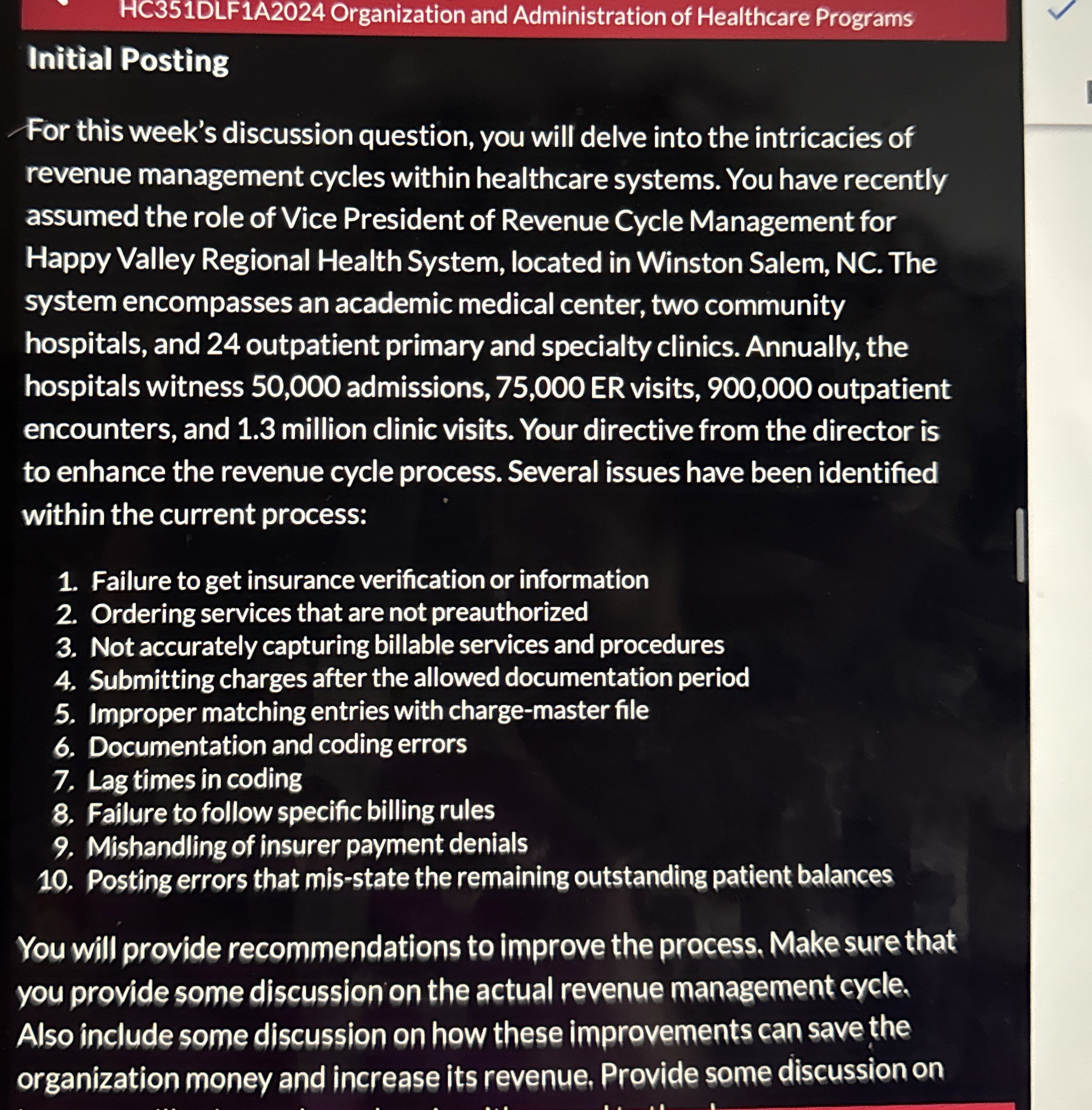  HC351DLF1A2024 Organization and Administration of Healthcare Programs Initial Posting For this
