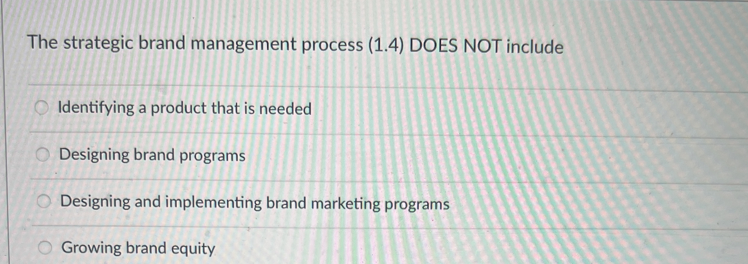  The strategic brand management process (1.4) DOES NOT include Identifying a