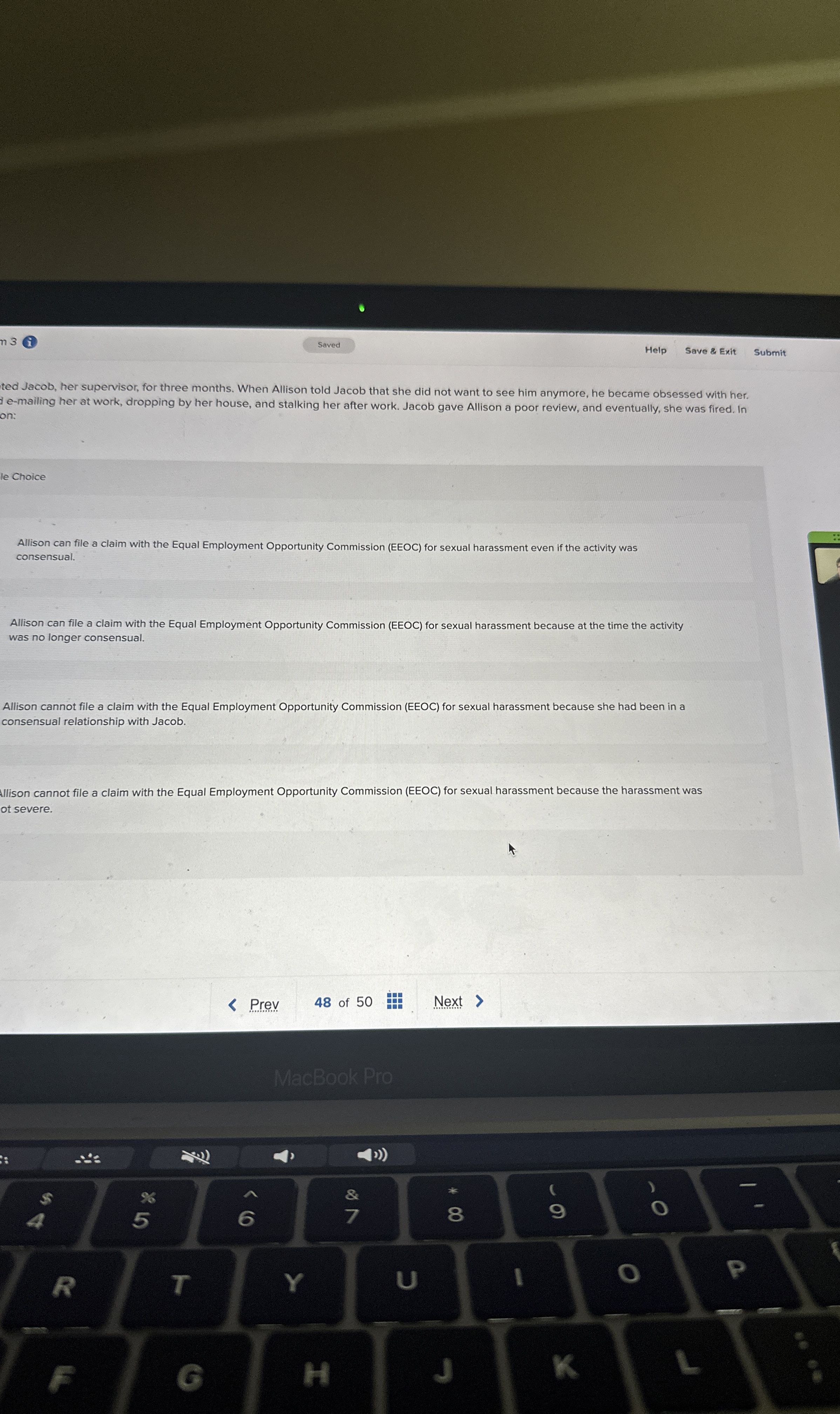  Saved Help Save & Exit Submit ted Jacob, her supervisor, for