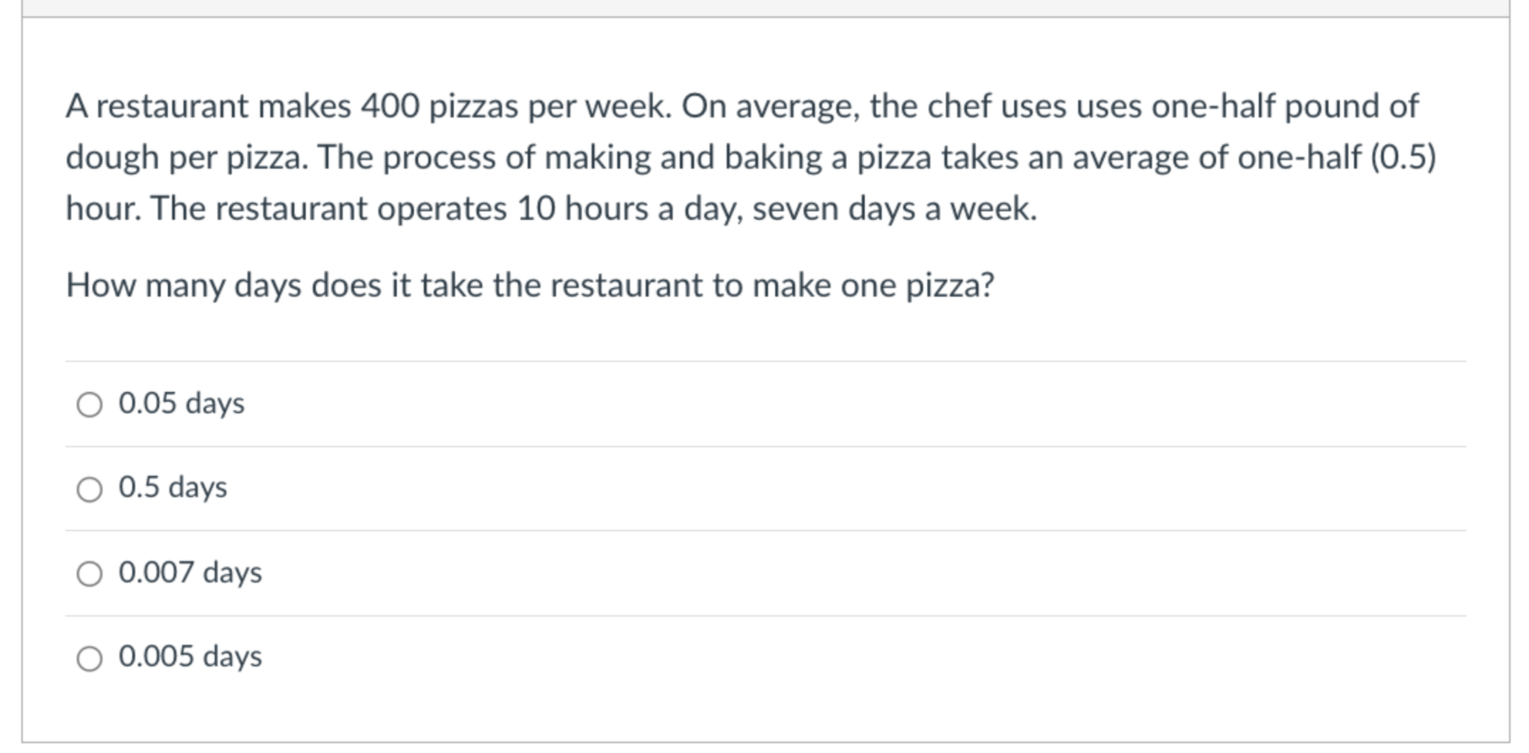  1. How many days does it take the restaurant to make
