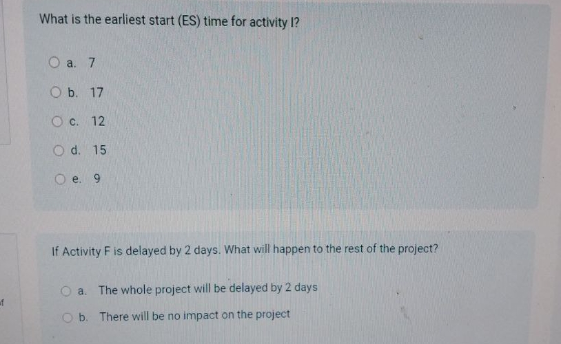  What is the earliest start (ES) time for activity l? a.7