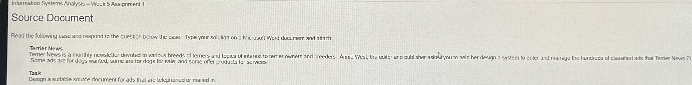  Information Systems Analysis - Week 5 Assignment 1 Source Document Read
