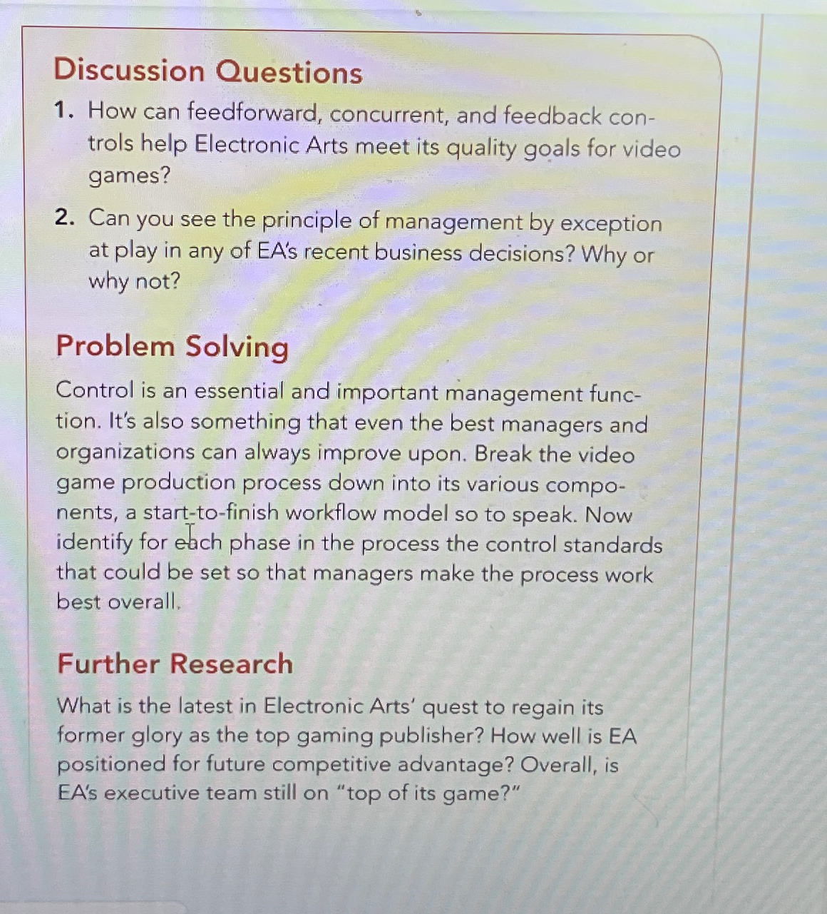  Discussion Questions How can feedforward, concurrent, and feedback controls help Electronic