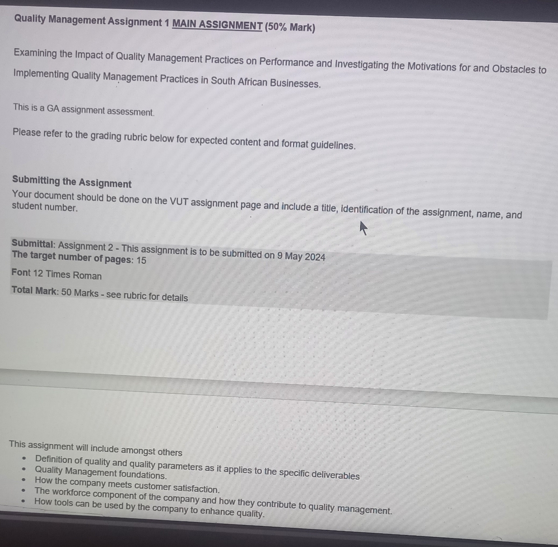  Quality Management Assignment 1 MAIN ASSIGNMENT (50% Mark) Examining the Impact