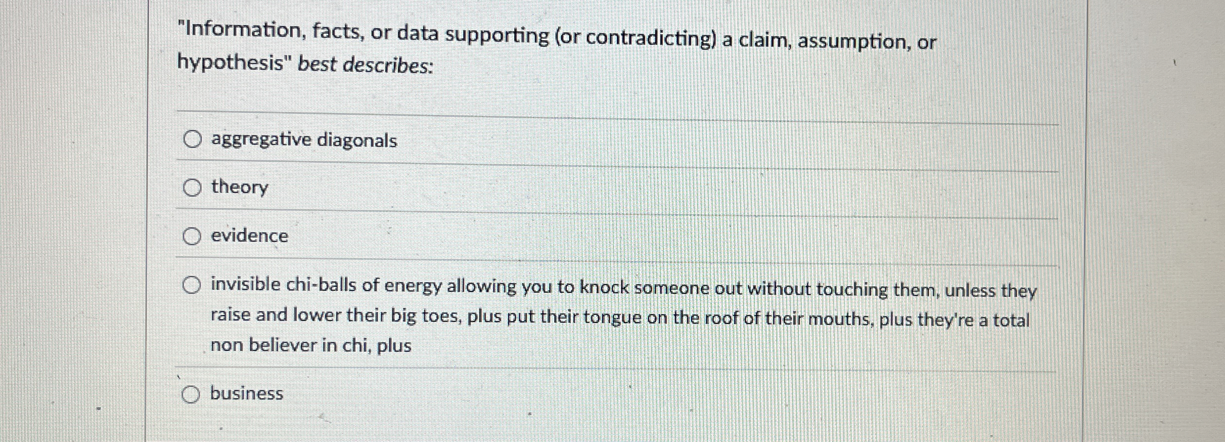  "Information, facts, or data supporting (or contradicting) a claim, assumption, or