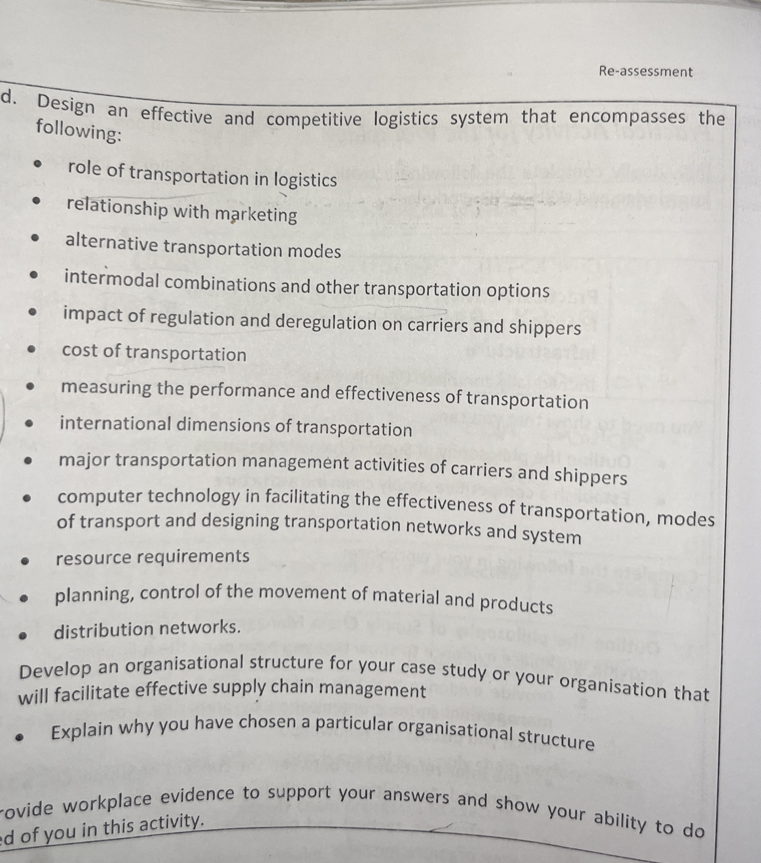  Re-assessment d. Design an effective and competitive logistics system that encompasses