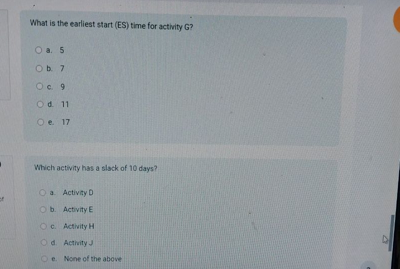  What is the earliest start (ES) time for activity G? a.5
