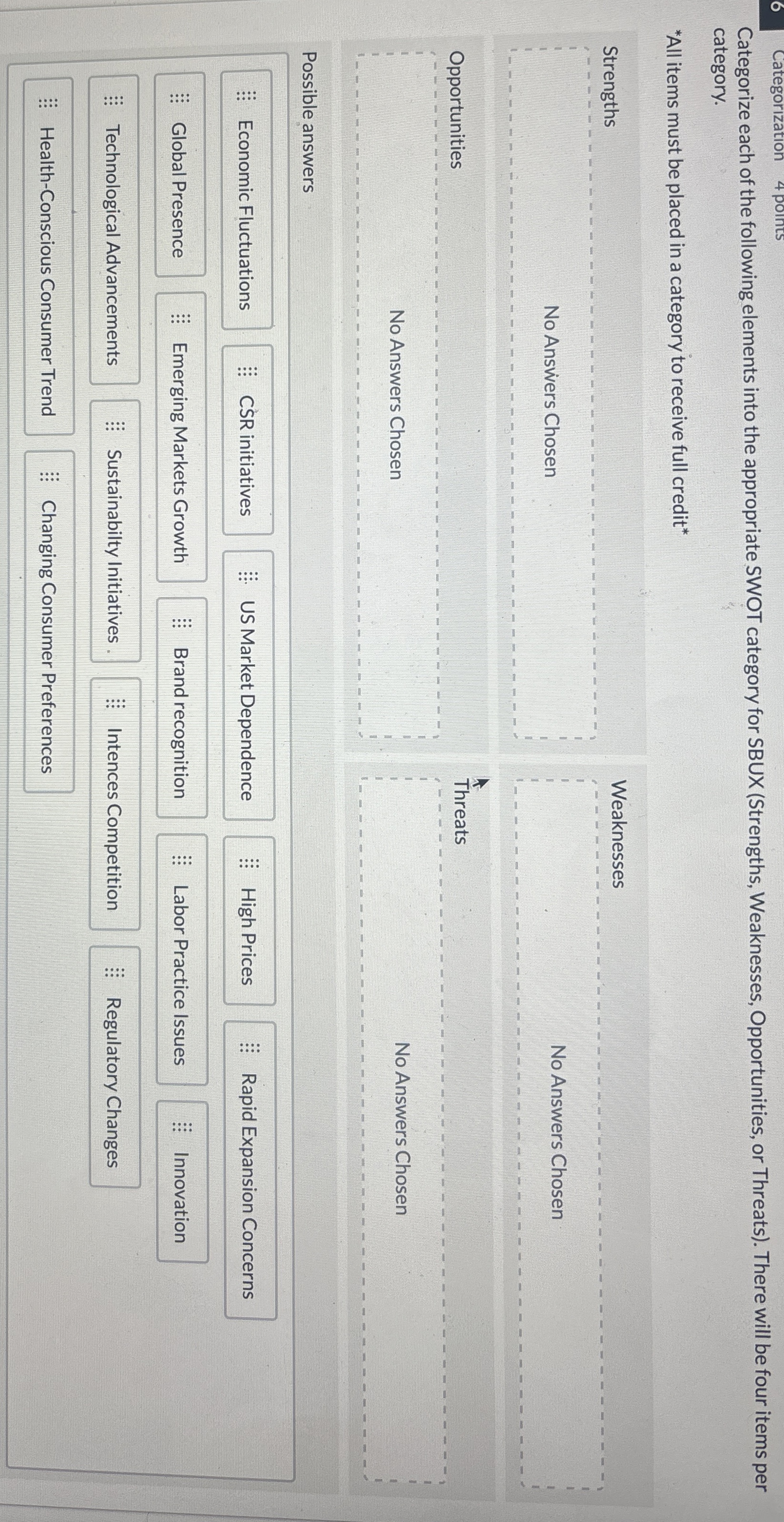  6 Categorization 4 points Categorize each of the following elements into