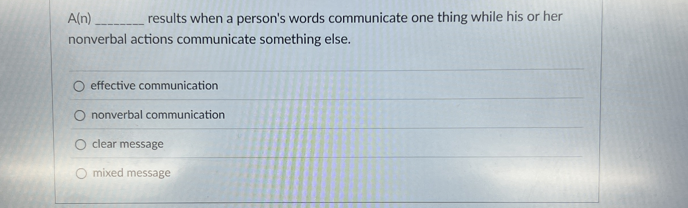  A(n)q, results when a person's words communicate one thing while his