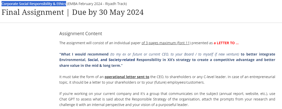  Corporate Social Responsibility & Ethics Assignment Content The assignment will consist