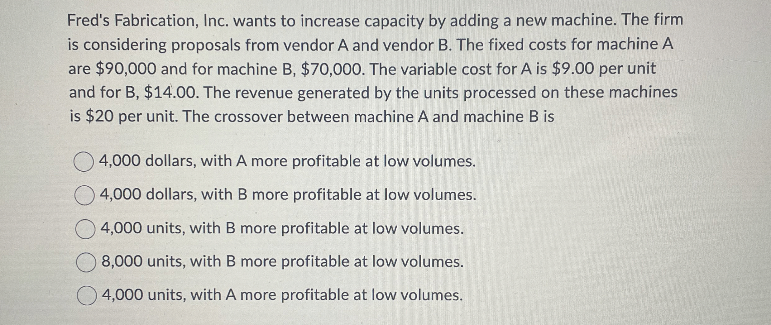  Fred's Fabrication, Inc. wants to increase capacity by adding a new