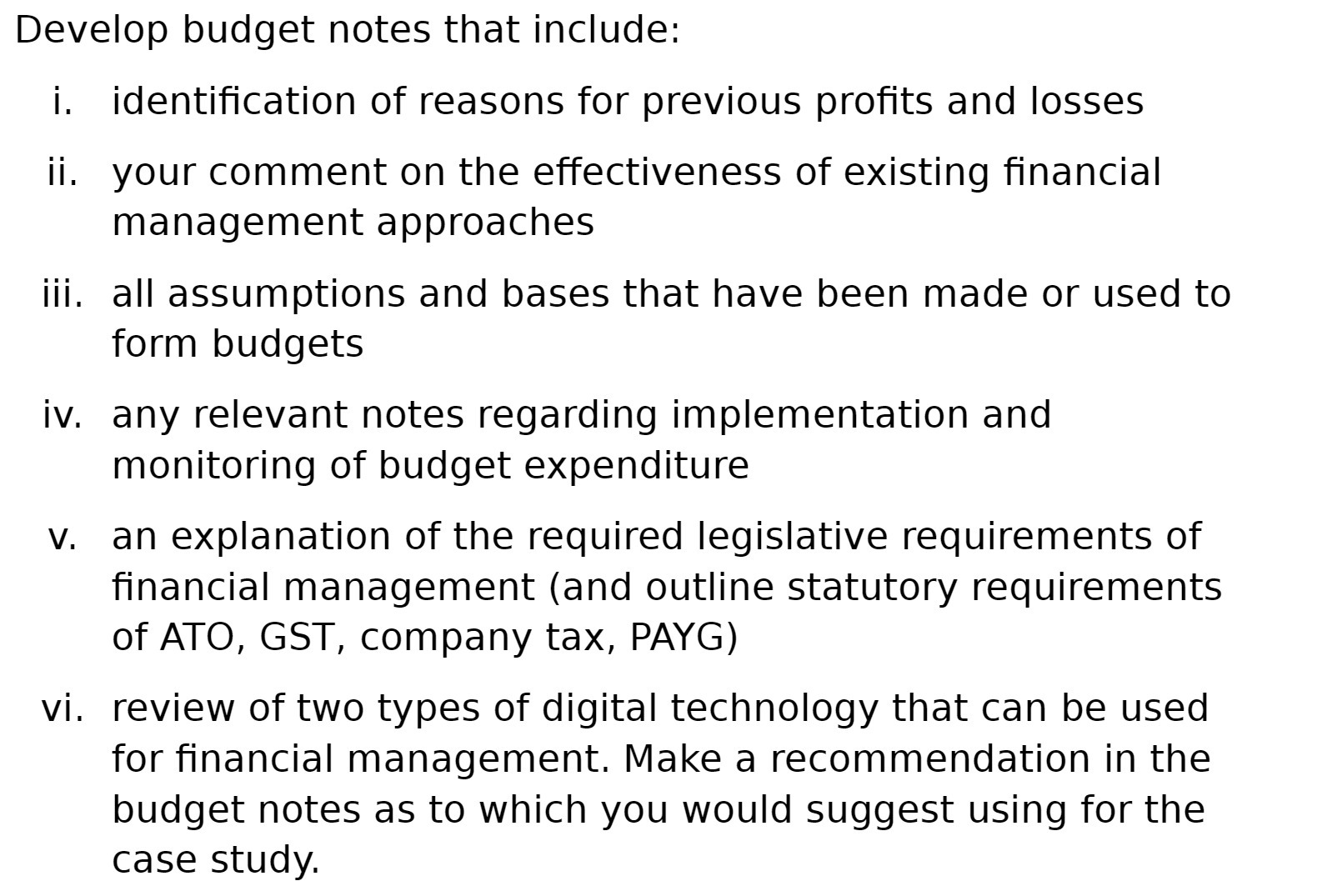 Develop budget notes that include: i. identification of reasons for previous