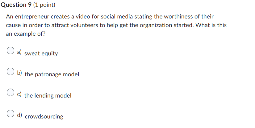  Question 9(1 point) An entrepreneur creates a video for social media