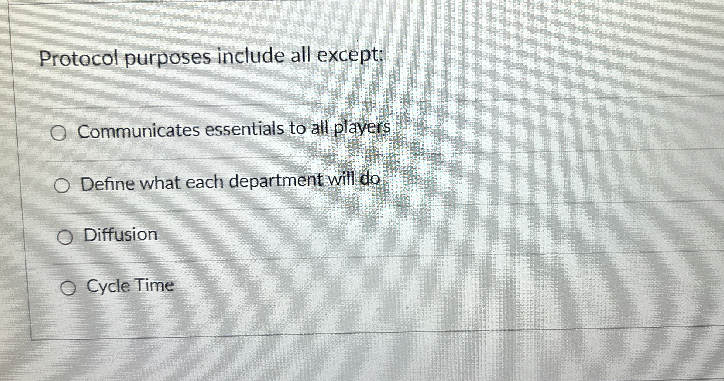  Protocol purposes include all except: Communicates essentials to all players Define