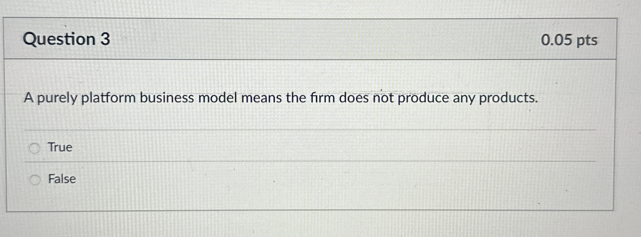  Question 3 0.05 pts A purely platform business model means the