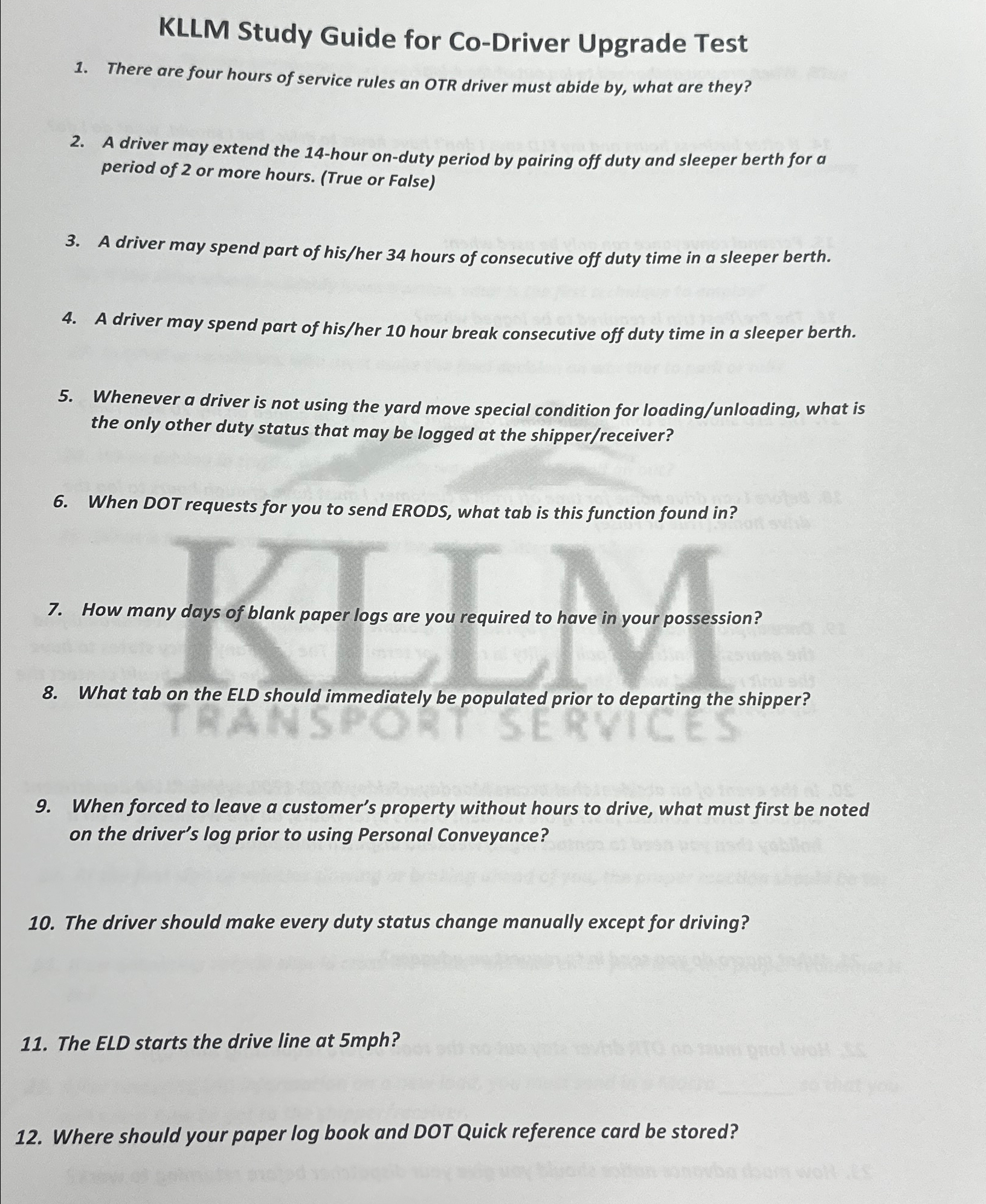  KLLM Study Guide for Co-Driver Upgrade Test There are four hours