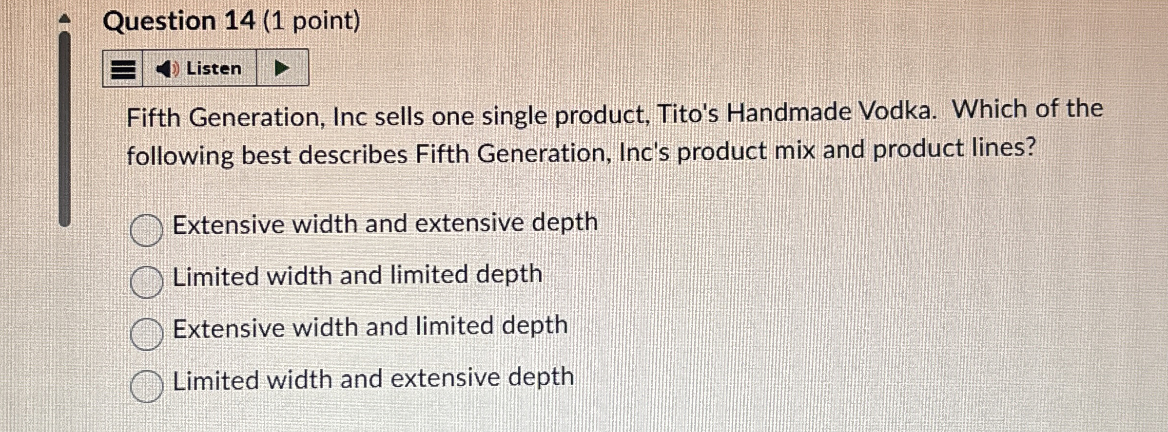  Question 14(1 point) Fifth Generation, Inc sells one single product, Tito's