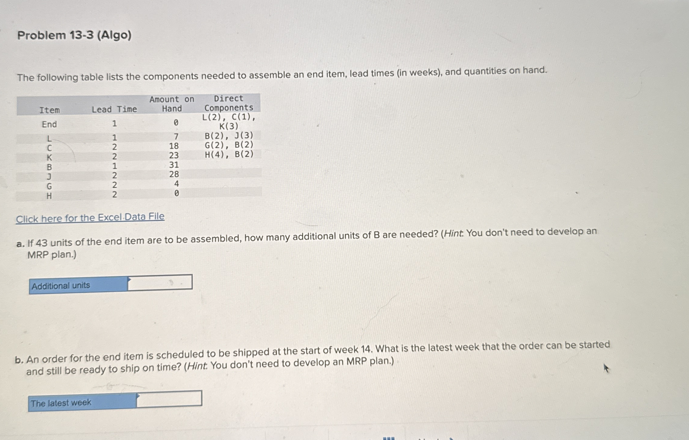  Problem 13-3(Algo) The following table lists the components needed to assemble