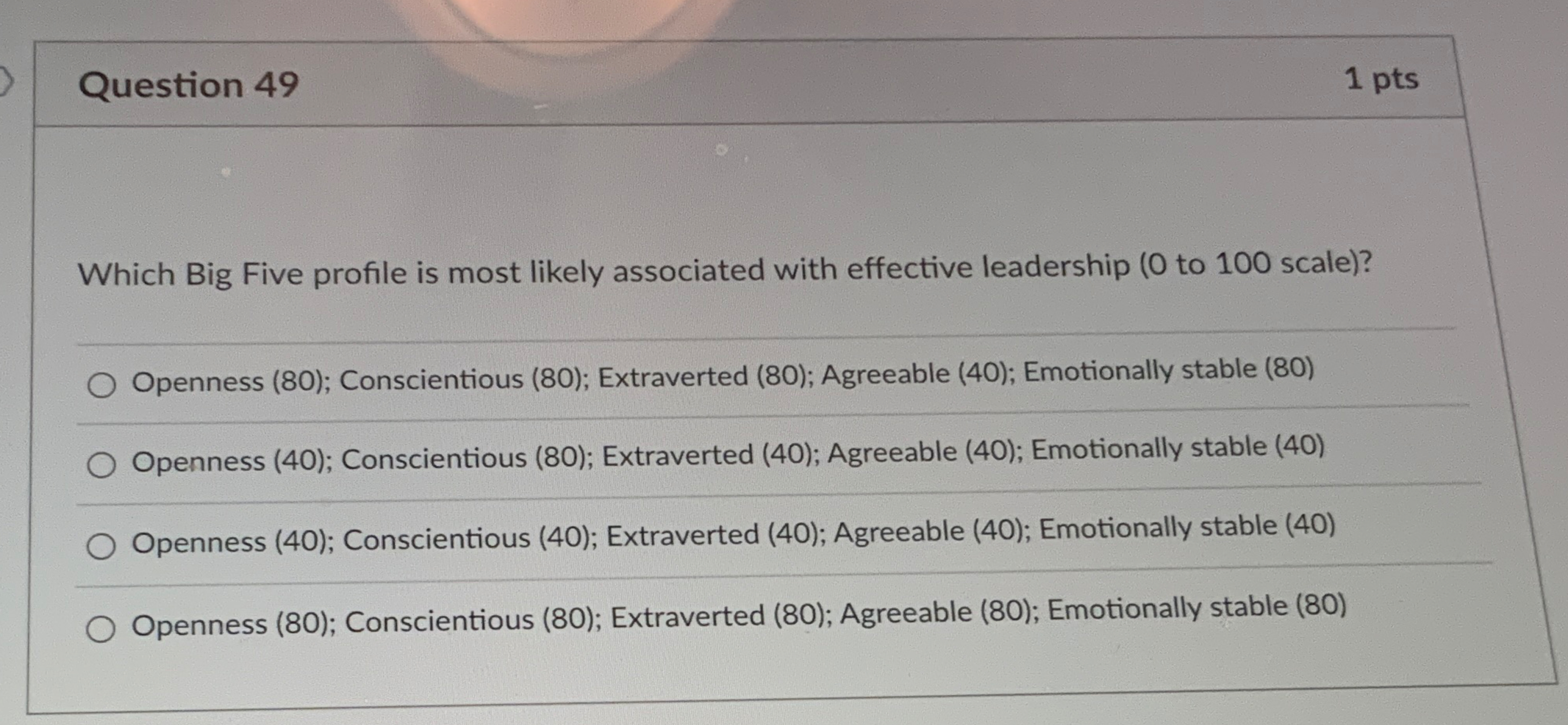  Question 49 Which Big Five profile is most likely associated with