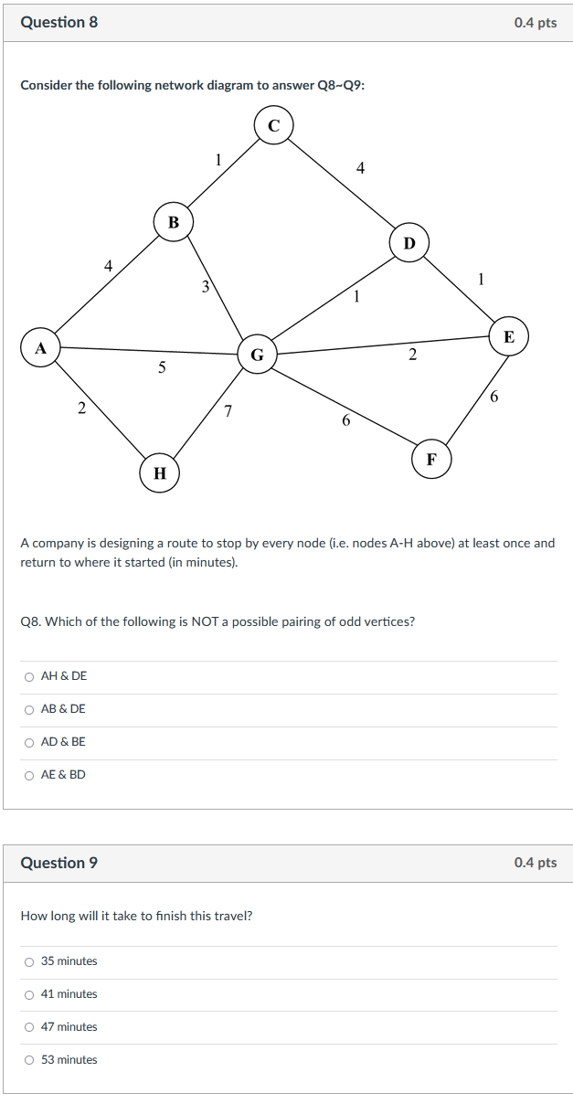  Question 8 0.4pts Consider the following network diagram to answer Q8