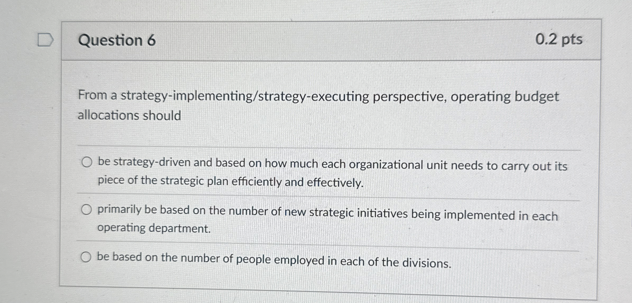  Question 6 0.2 pts From a strategy-implementing/strategy-executing perspective, operating budget allocations