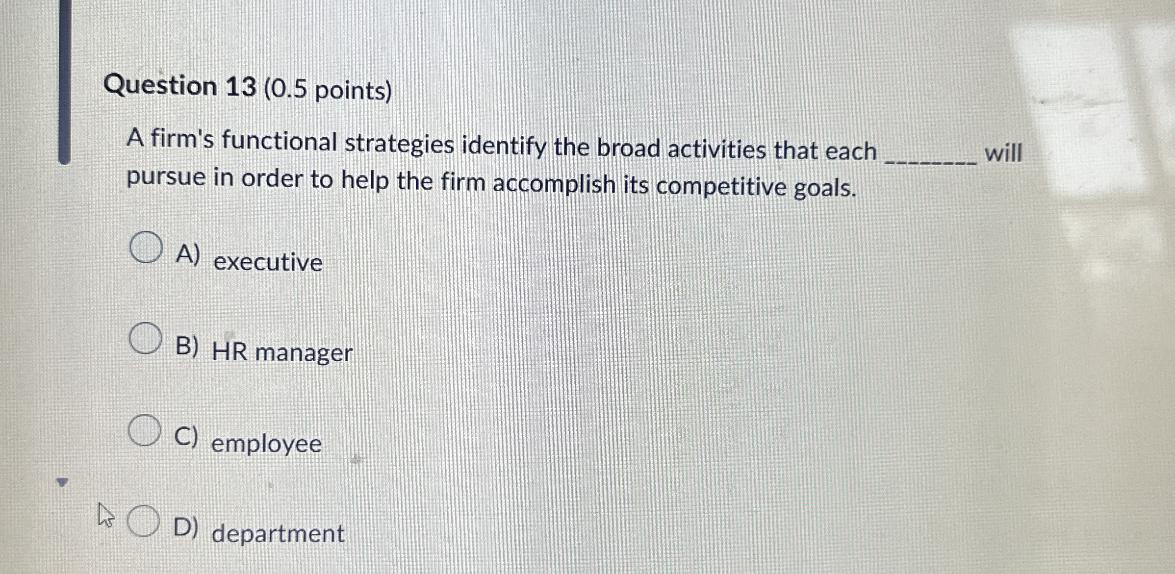  Question 13(0.5 points) A firm's functional strategies identify the broad activities