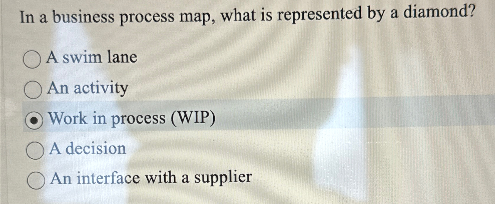  In a business process map, what is represented by a diamond?