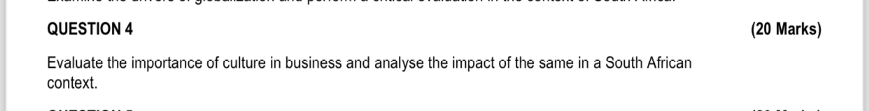  QUESTION 4 (20 Marks) Evaluate the importance of culture in business