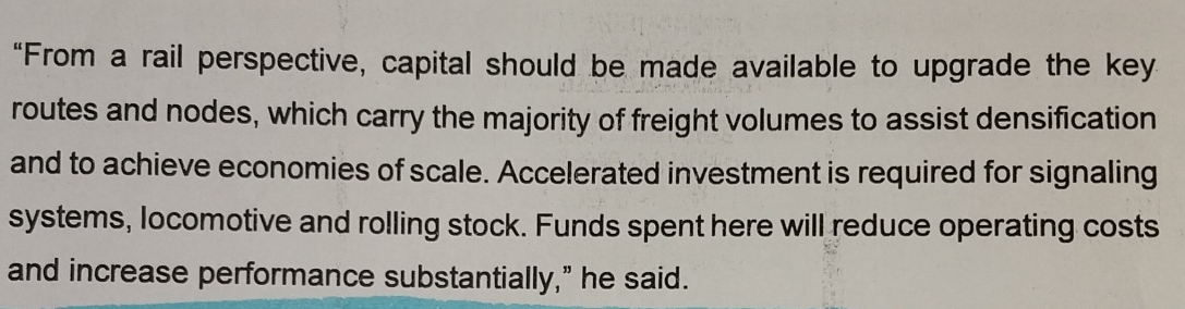  "From a rail perspective, capital should be made available to upgrade
