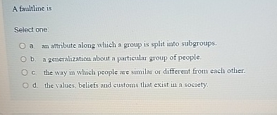  A faultline is Select one: a. an attribute along which a