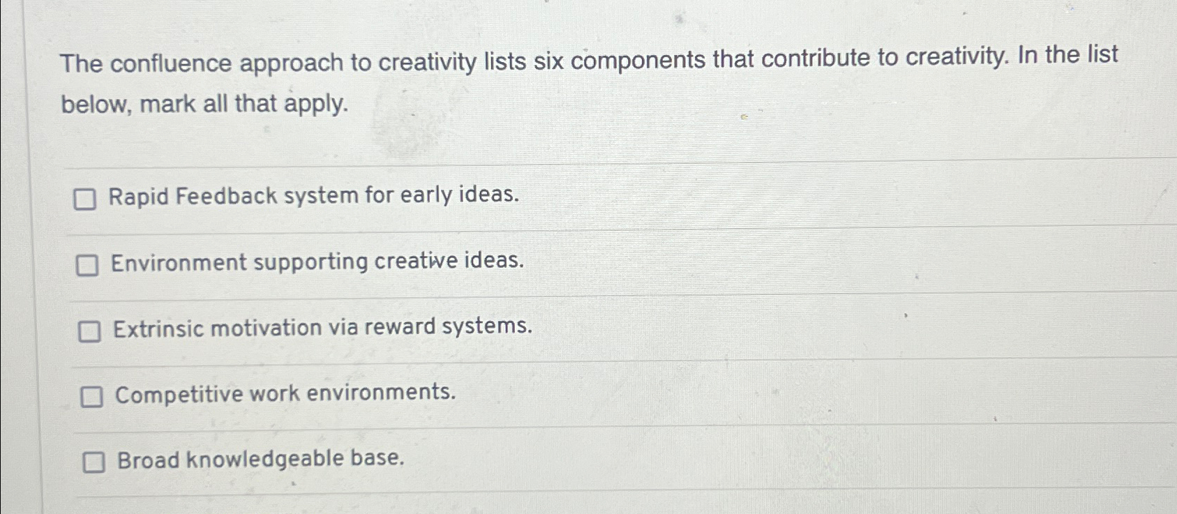  The confluence approach to creativity lists six components that contribute to