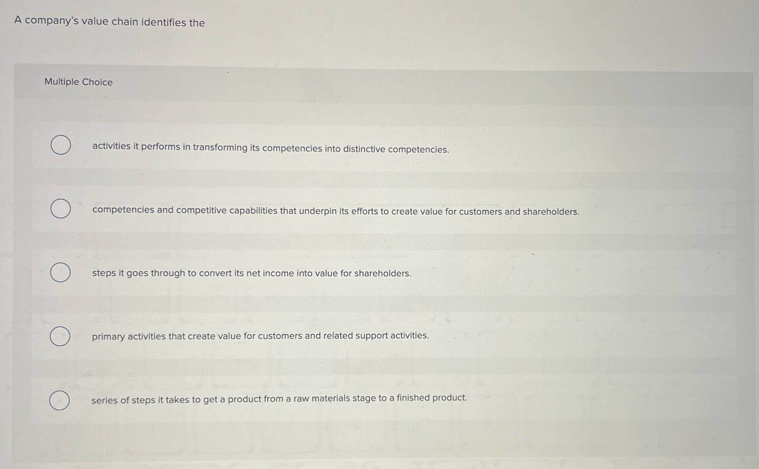  A company's value chain identifies the Multiple Choice activities it performs