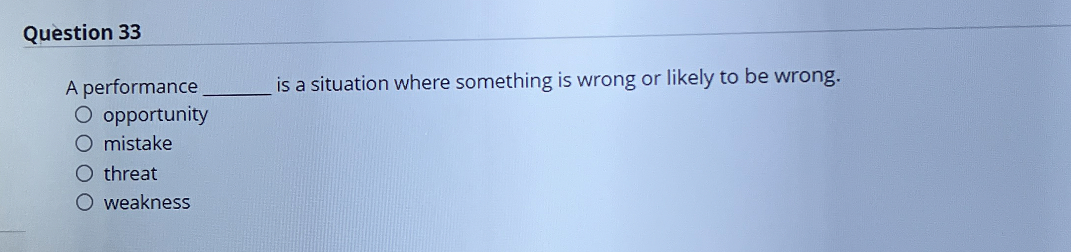  Question 33 A performance is a situation where something is wrong