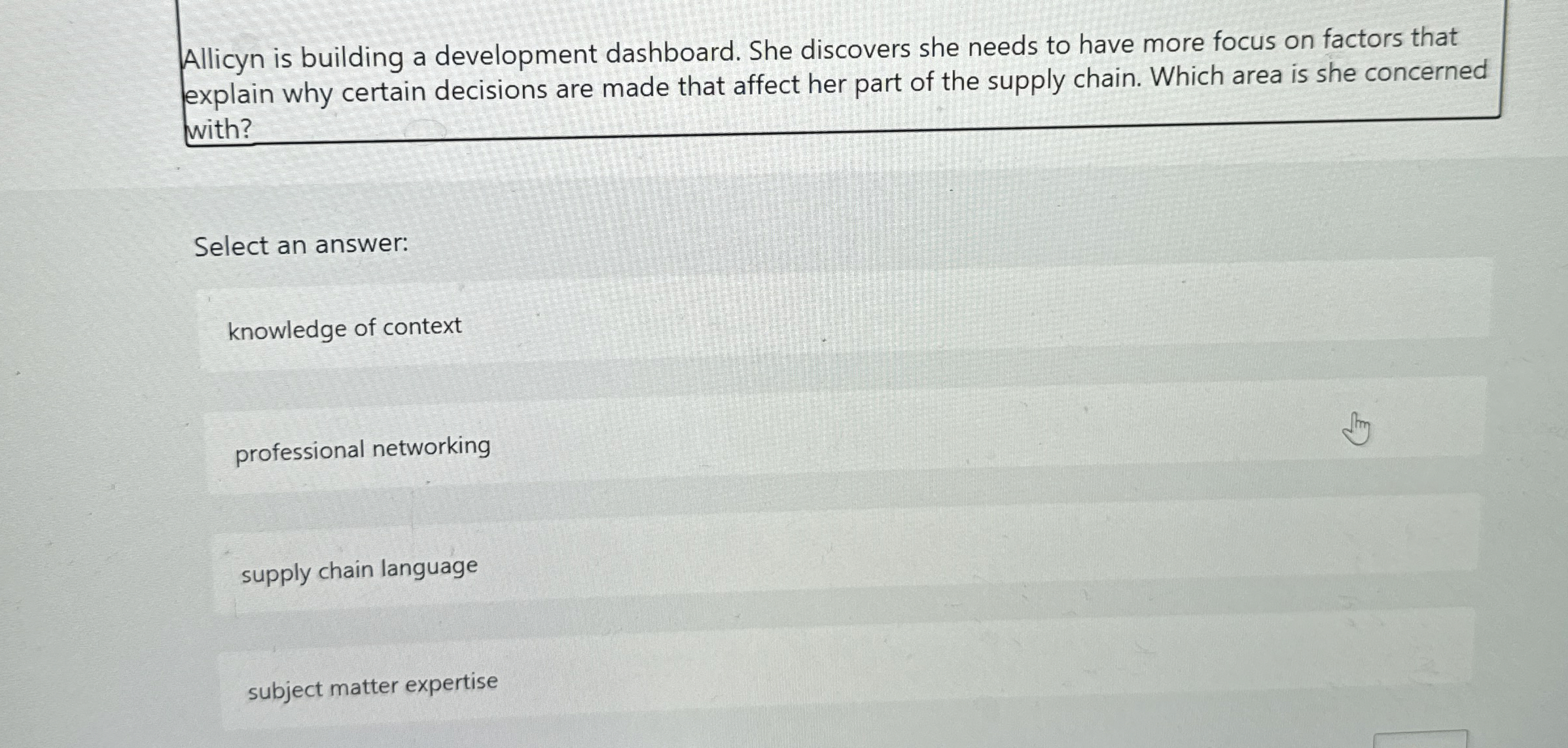 Allicyn is building a development dashboard. She discovers she needs to