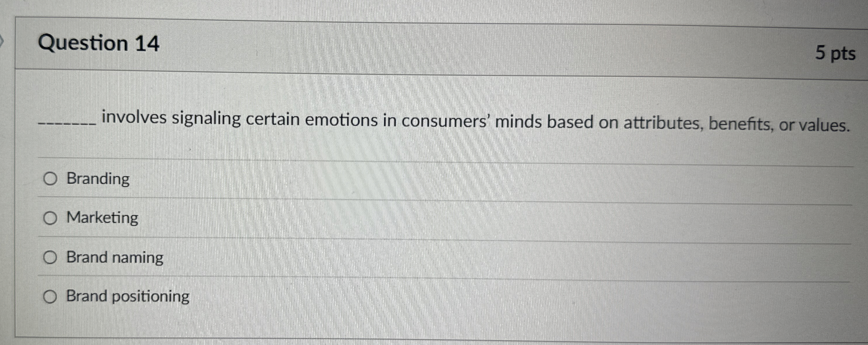  Question 14 involves signaling certain emotions in consumers' minds based on