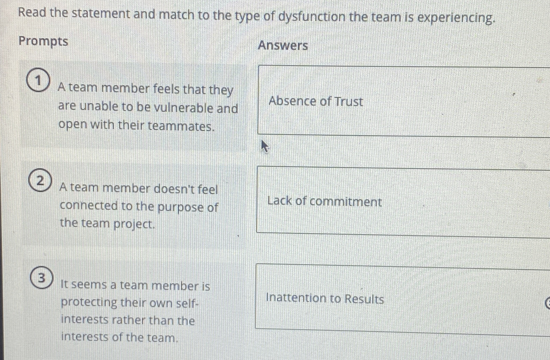  Read the statement and match to the type of dysfunction the