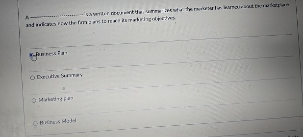  A. is a written document that summarizes what the marketer has