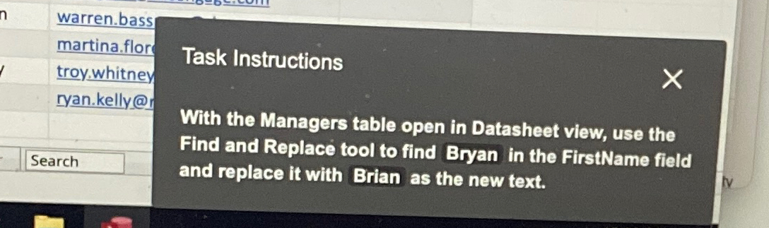  Task Instructions With the Managers table open in Datasheet view, use