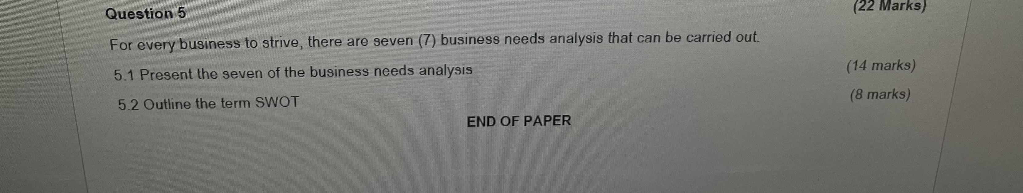  Question 5 (22 Marks) For every business to strive, there are