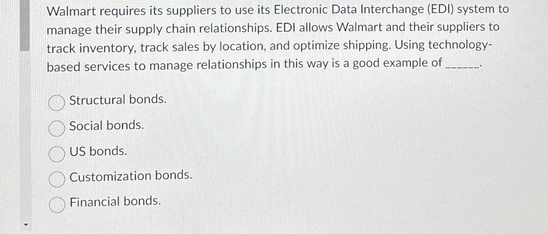  Walmart requires its suppliers to use its Electronic Data Interchange (EDI)