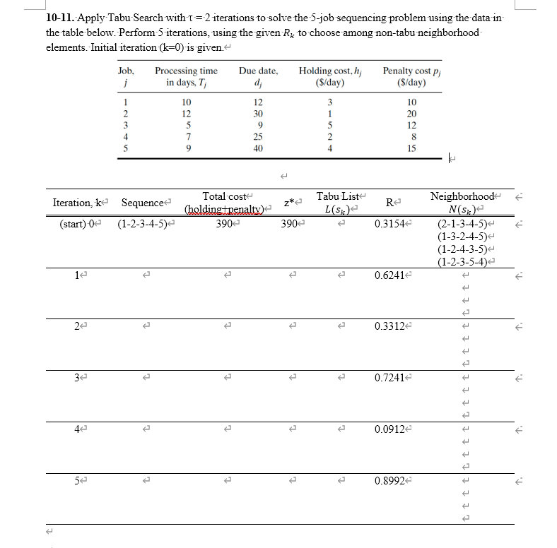  10-11. Apply Tabu Search with =2 iterations to solve the -5-job