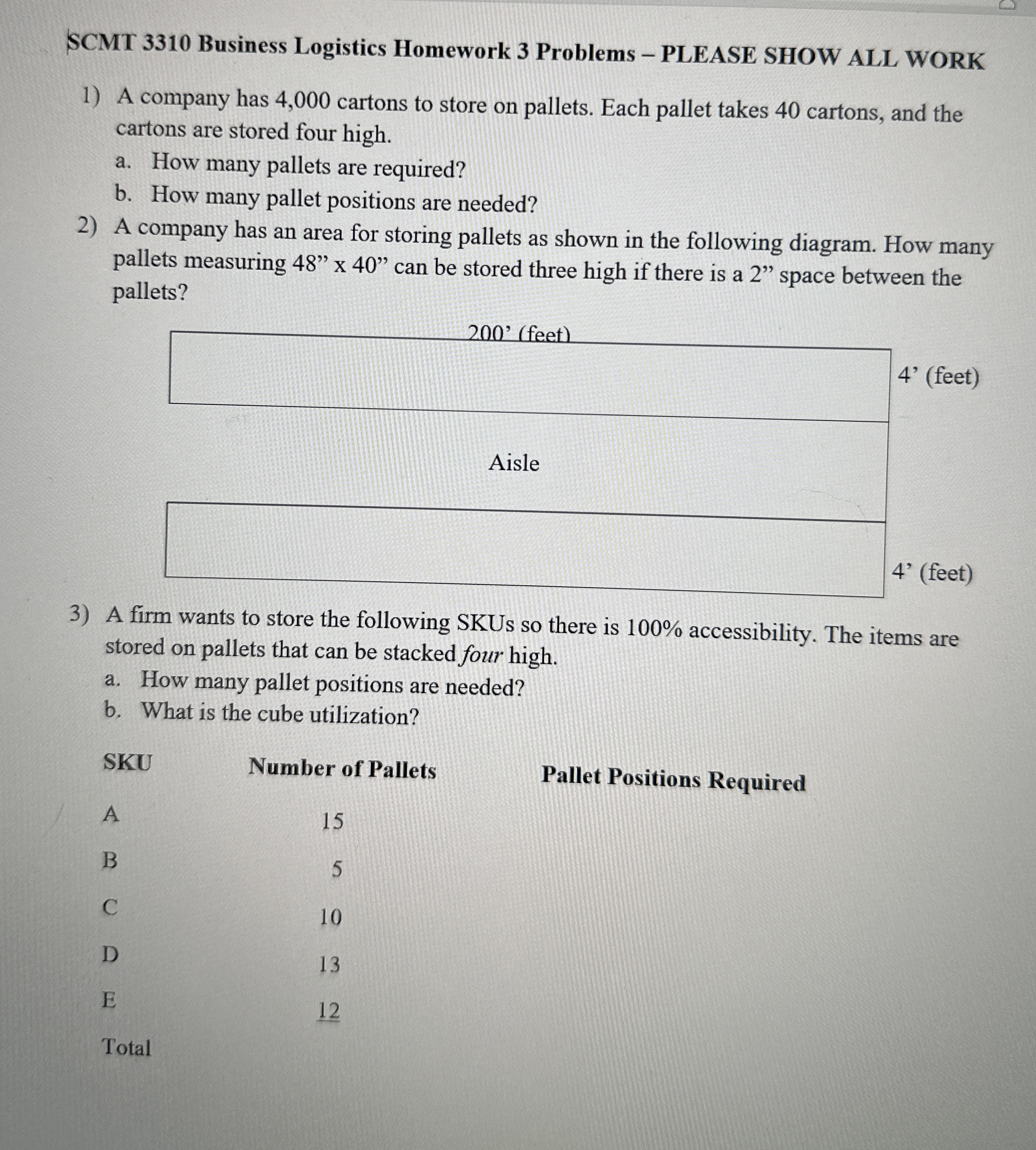  SCMT 3310 Business Logistics Homework 3 Problems - PLEASE SHOW ALL