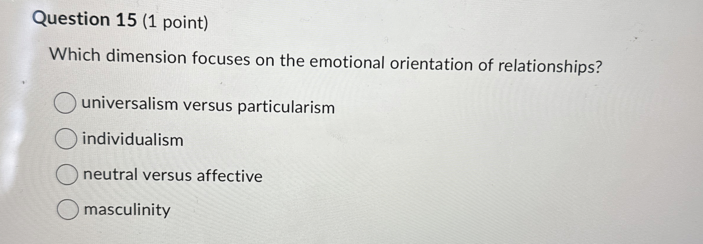  Question 15(1 point) Which dimension focuses on the emotional orientation of