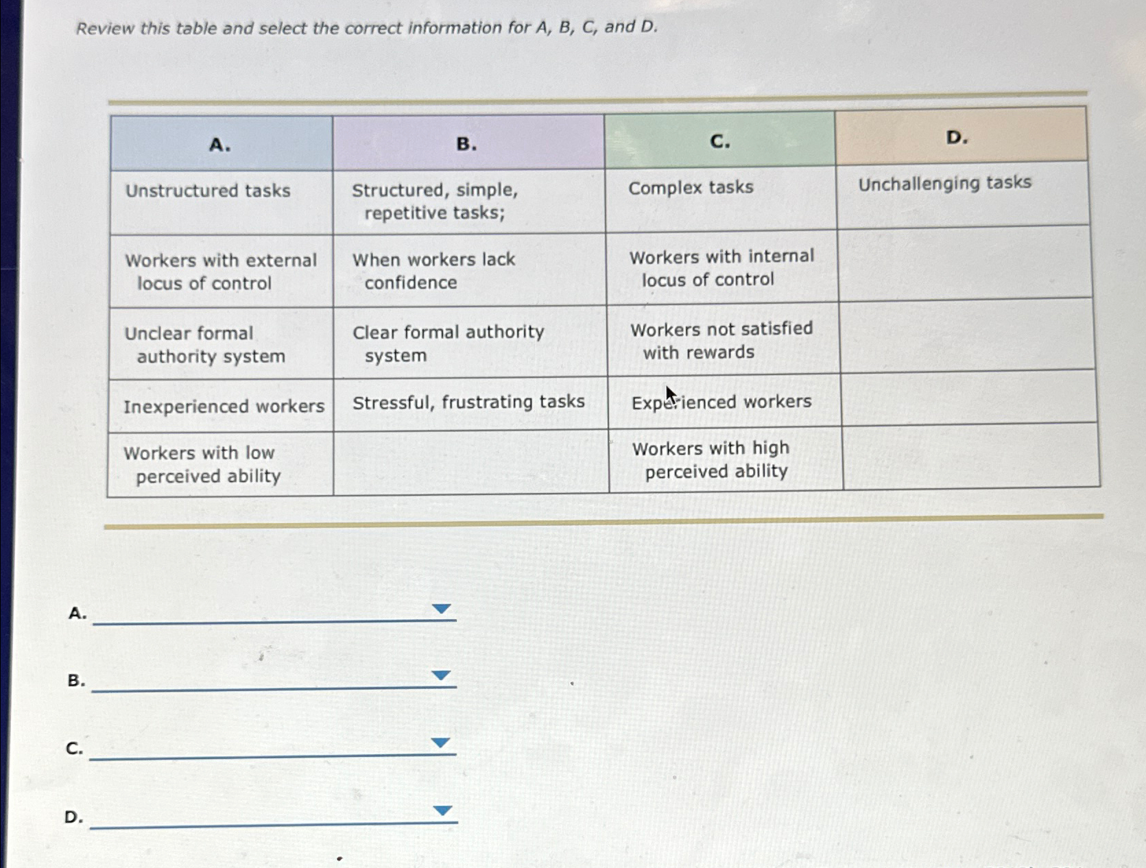  Review this table and select the correct information for A,B,C, and