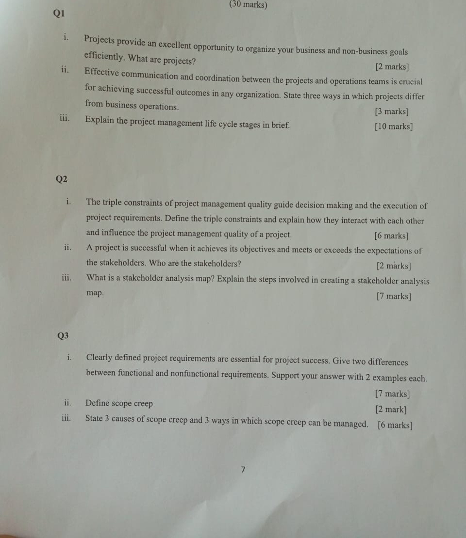  Q1 (30 marks) i. Projects provide an excellent opportunity to organize