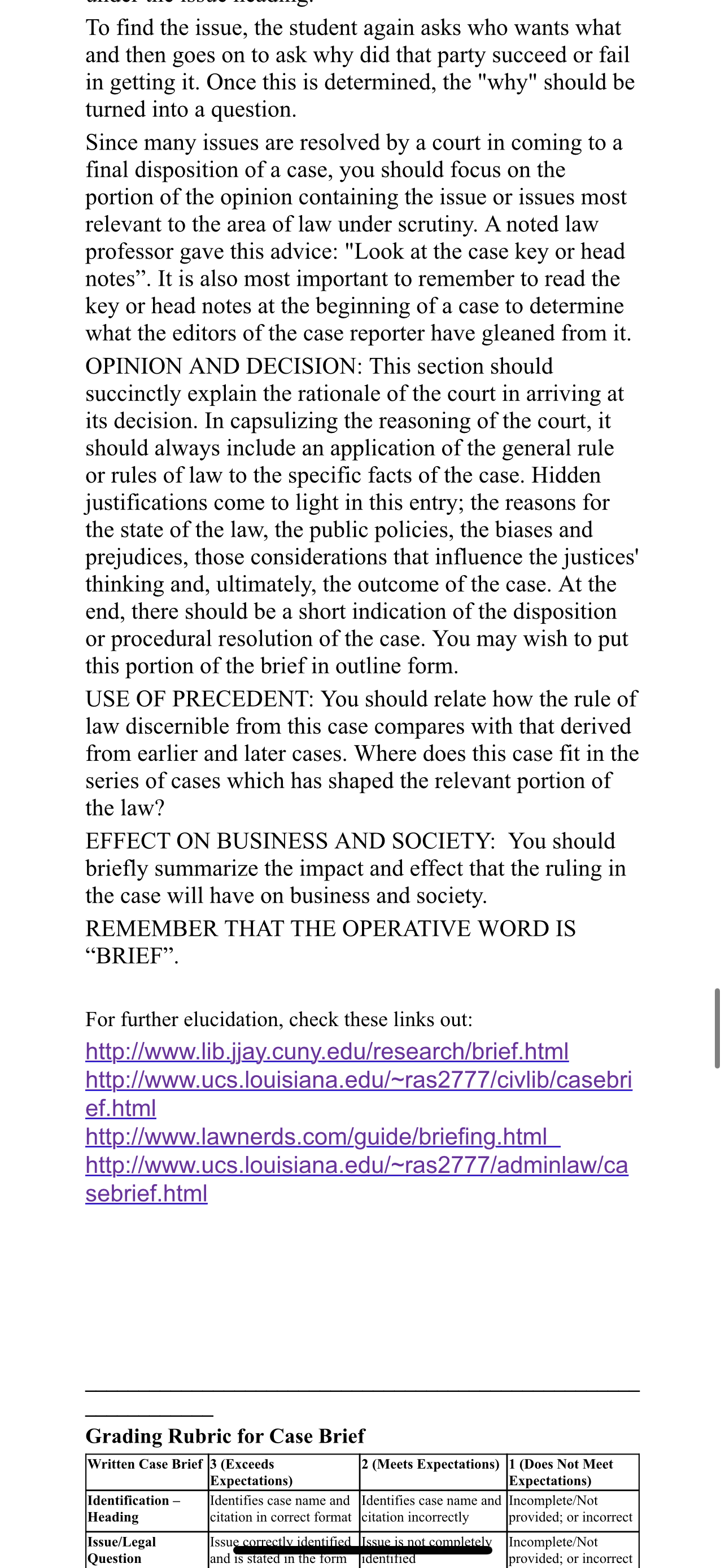 Expectations) Identification - dentifies case name and Identifies case name and Incomplete/Not